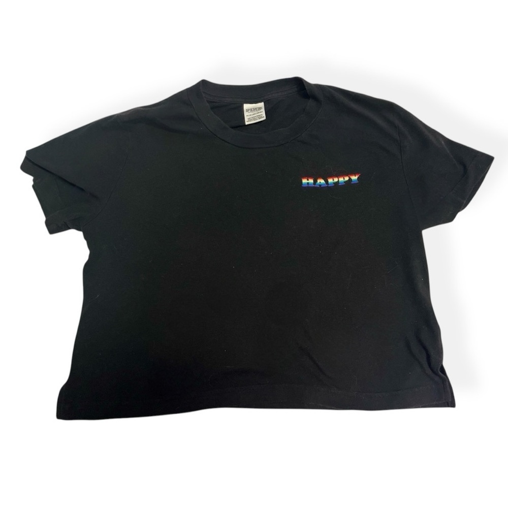 PINK Victoria's Secret Women’s Black T-Shirt Short Sleeve“Happy” Rainbow Size XS